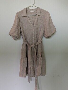 MNG Mango Babydoll Dress Tiered Ruffled Puff Sleeve Brown Cream Linen Size  8